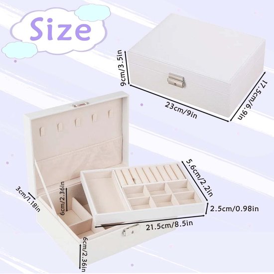 Yieseang Sieradendoosje wit, sieradendoos voor meisjes, sieradenopslag met lade, sieradenorganizer, sieradenorganizer voor oorbellen, ringen, horloges, cadeau voor vrouwen, Kerstmis, verjaardag