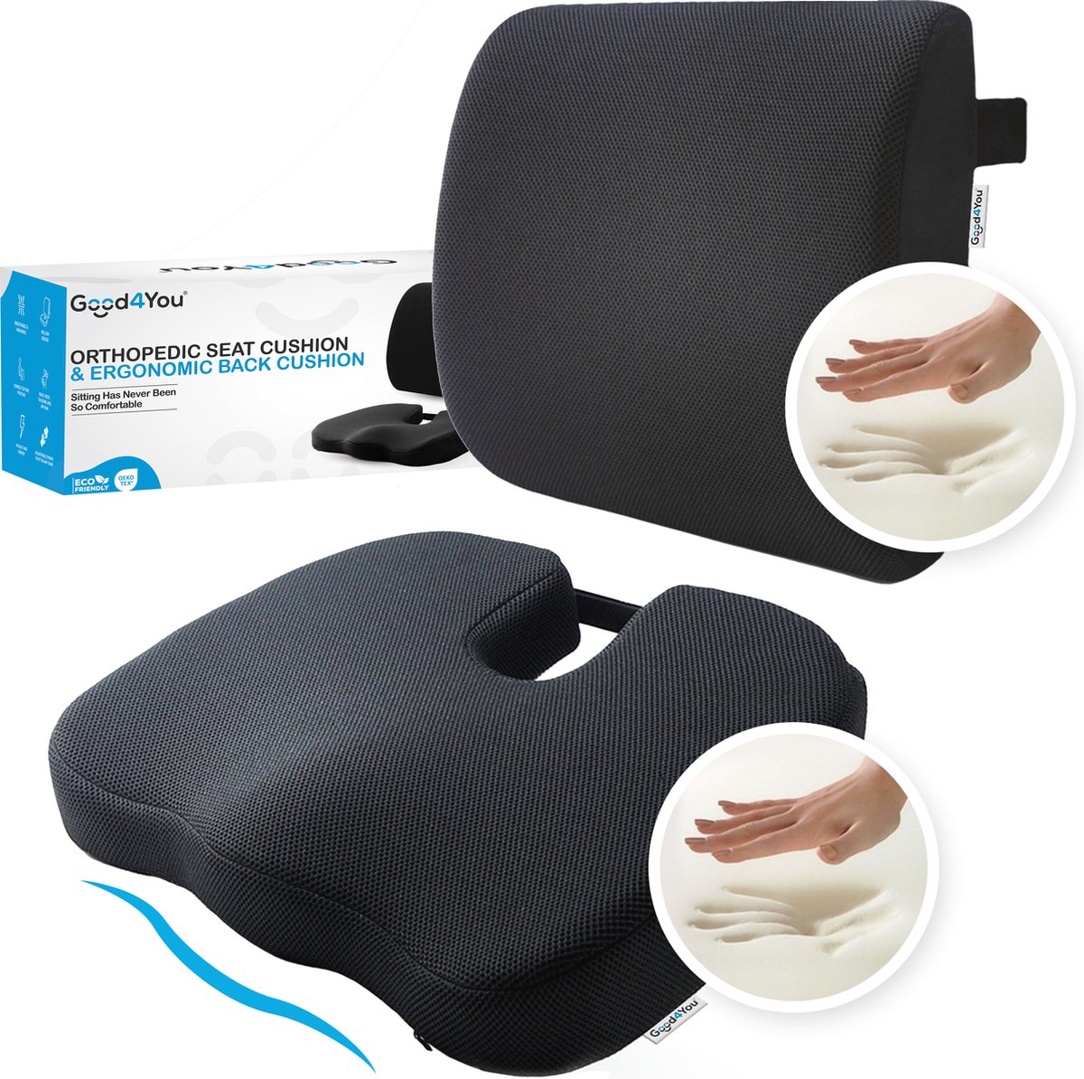 Good4You Orthopedisch Zitkussen & Ergonomisch Rugkussen voor Auto- en Bureaustoel - Wigkussen - Rugsteun - Lendekussen - Rugpijn