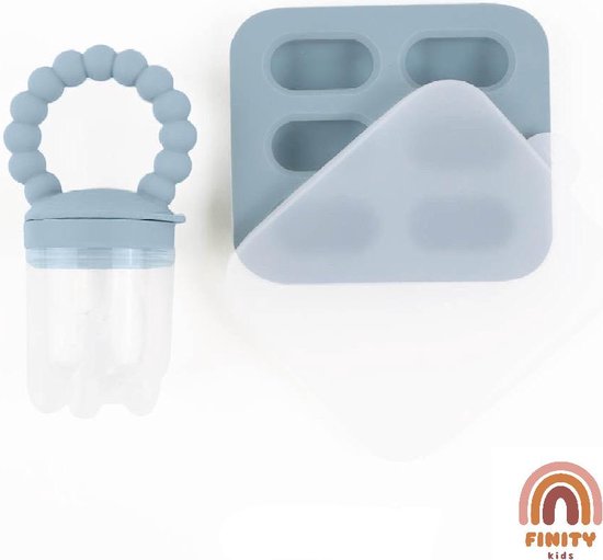 Finity Kids - Fruitspeen - Bijtring - Fruit feeder - Fruitzuiger - Kinder bestek - Babyspeen voor groenten en fruit - BPA/PVC Vrij - Inclusief Vriesbestendig Bewaarbakje - Verlichting voor Doorkomende Tandjes - Vaatwasmachinebestendig - Blauw