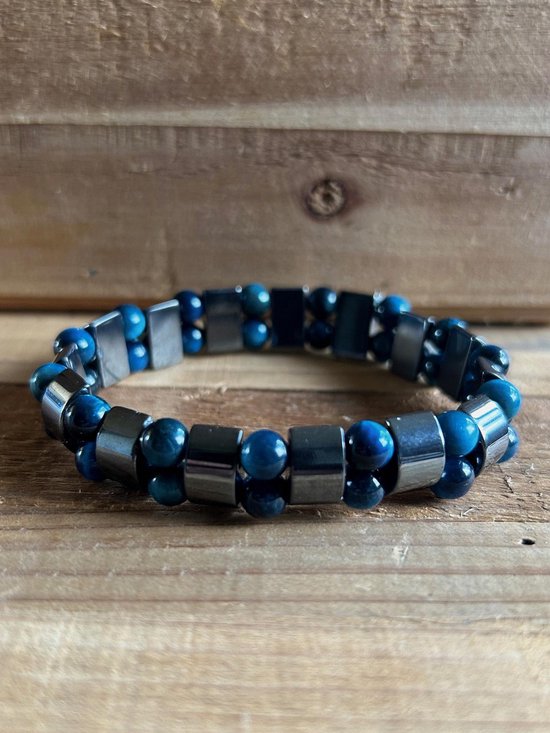 Bracelet en pierre naturelle hématite alternée d'une perle oeil de tigre bleu (17 cm)
