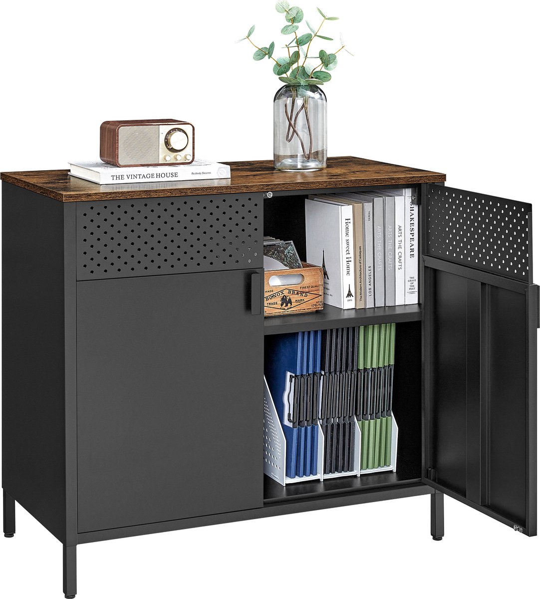 O'DADDY® Opbergkast Metaal Met Deuren - TV-Meubel - Veel Opbergruimte & Flexibel - TV Kast - Dressoir - Opbergkast Binnen - 80 cm - Zwart/Vintage Bruin