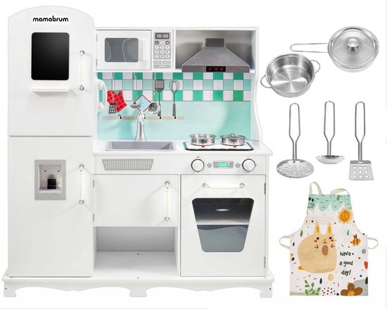 Mamabrum Houten Witte SpeelKeuken Groot – met Accessoires en Schort Kinderkeuken