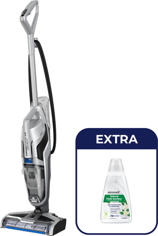 Zilverkleurige Bissell Crosswave C3 Select steelstofzuiger met snoer en een flesje reinigingsmiddel.