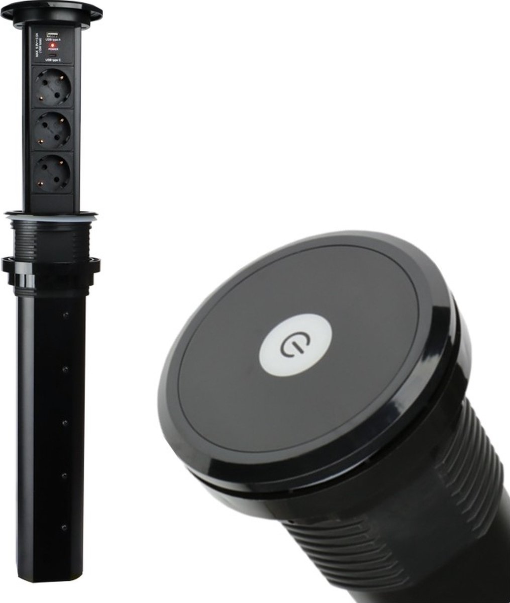 Design light Liftbox - Stekkerdoos Automatisch - Pop up stekkerblok met 3 stopcontacten USB A & C - Inbouw Verdeelstekker met 2 meter kabel - Zwart