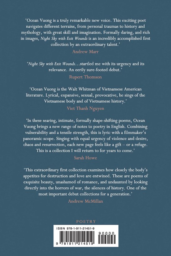 Dos du livre 'Night Sky with Exit Wounds' avec des citations, l'ISBN et l'éditeur.