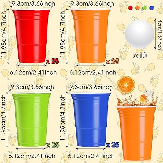 thumbnail: LATERN 100 Stuks Herbruikbare Plastic Bekers (360 Ml) – Bierpong Set Met 4 Kleuren En 10 Pingpongballen
