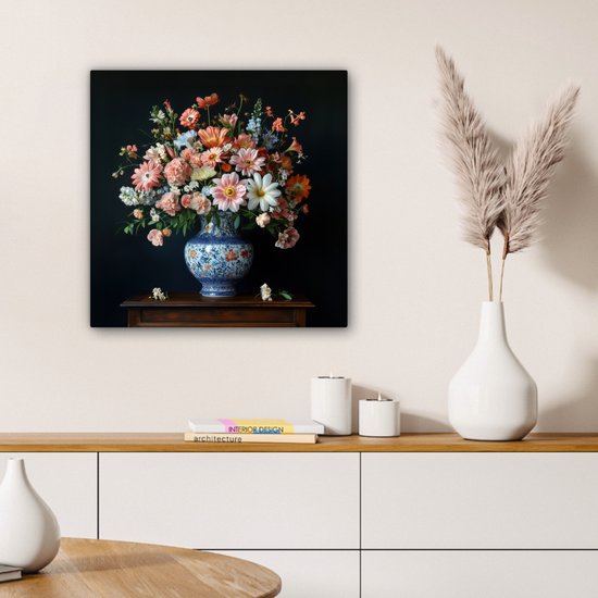 Tableau sur toile 50x50 cm - Décoration murale exclusive Bois - Vase - Couleurs - Fleurs - Décoration murale salon - Décoration chambre - Accessoires chambre - Peintures sur toile