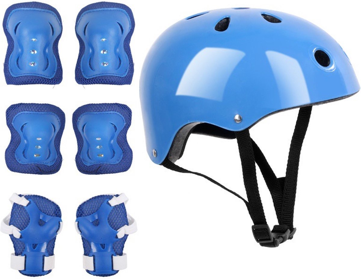7-delige set Kids Helm Beschermende Uitrusting Set, Skate beschermset, Fietsbescherming , Inclusief Helm Elleboogbeschermers Kniebeschermers Polsbeschermers voor Scooter Rolschaatsen – Geschikt voor kinderen van 5-15 jaar oud(Blauw)