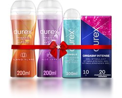 Durex - 3 Glijmiddelen en 1 Stimulerende gel - Voor Masturbation - Waterbasis – Massage 2in1 Ylang Ylang 200ml - Massage 2in1 Aloe Vera 200ml – Tingle 100ml - Orgasm Intense Stimulerende Glijmiddel 10ml - Voordeelverpakking - Cadeau voor man en vrouw
