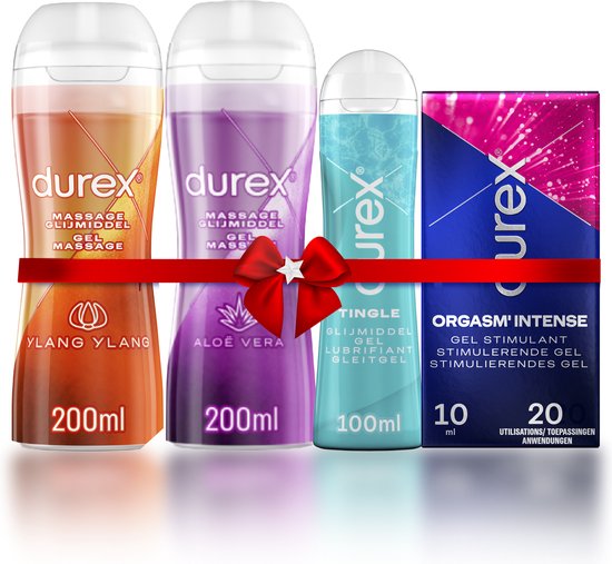 Durex - 3 Glijmiddelen en 1 Stimulerende gel - Voor Masturbation - Waterbasis – Massage 2in1 Ylang Ylang 200ml - Massage 2in1 Aloe Vera 200ml – Tingle 100ml - Orgasm Intense Stimulerende Glijmiddel 10ml - Voordeelverpakking - Cadeau voor man en vrouw