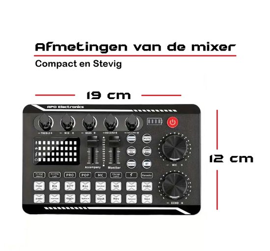 Mélangeur noir de 19 cm x 12 cm avec 5 boutons rotatifs en haut et 2 grands boutons rotatifs à droite. Indicateurs LED et boutons sonores.