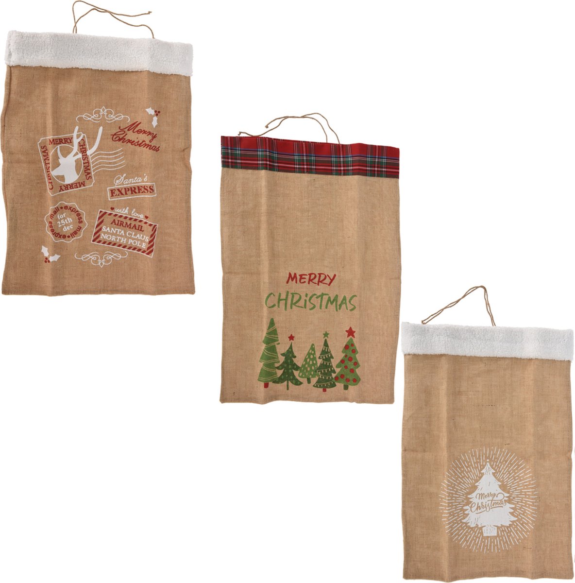Kerstzak - Set van 3 stuks -70 cm Cadeau zak met Kerstmotieven - Kerstmanzak - Kerstdecoratiezak van Jute - kerst