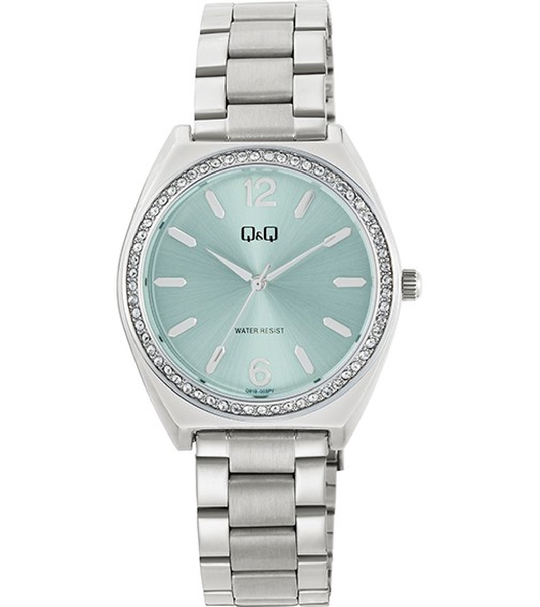 QQ Q91B-003PY - Horloge - Polshorloge - Analoog - Dames - Vrouwen - stalen band - Overig - Metaal - Cijfers - Strepen - Briljanten - Zilverkleurig - Turkoois Groen