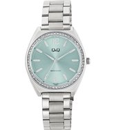 Q&Q Q91B-003PY - Montre - Montre-bracelet - Analogique - Dames - Femmes - Bracelet en acier - Overig - Métal - Chiffres - Rayures - Brillants - Couleur argent - Vert Turquoise