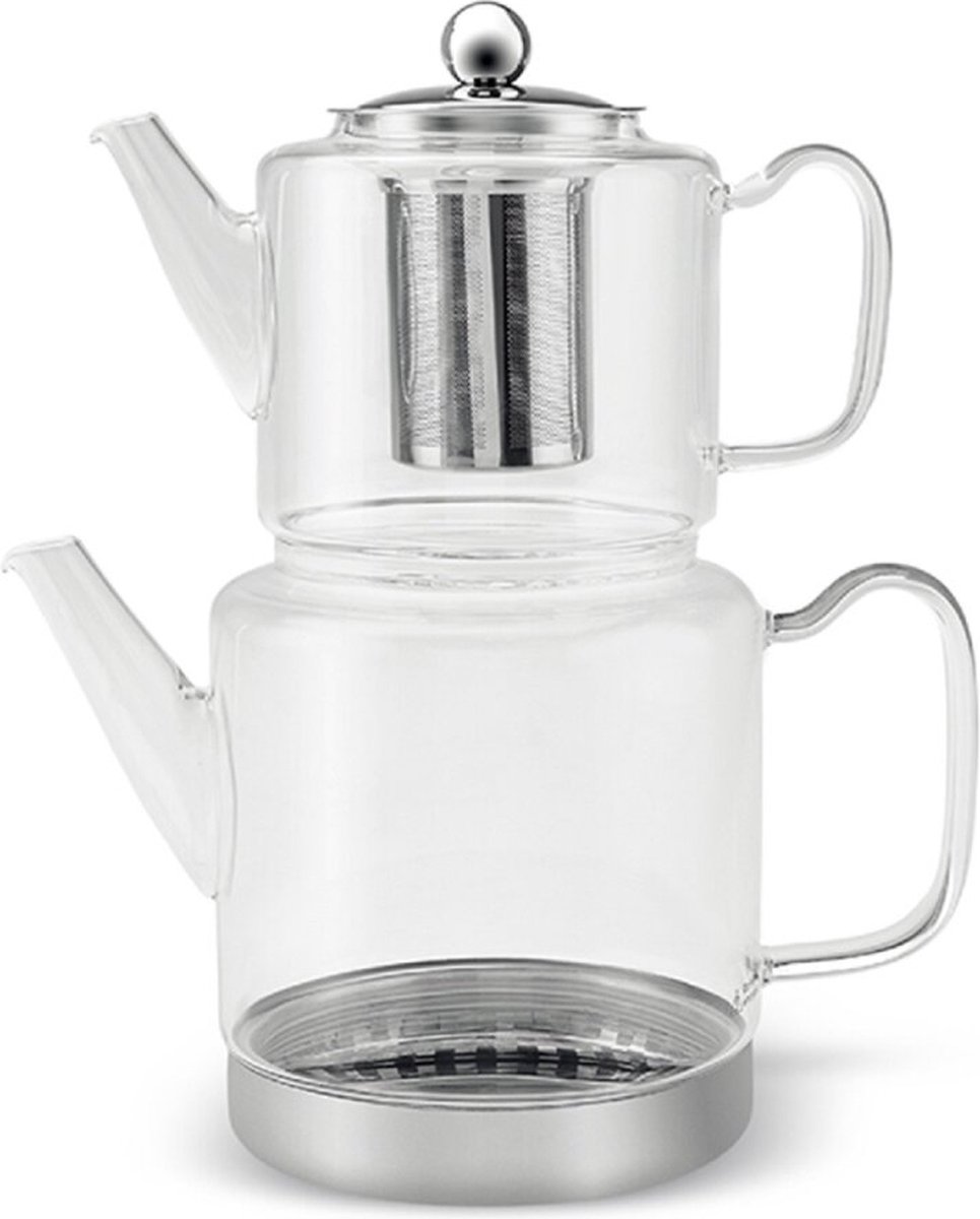 Schafer Kays - Theepot Set - Glas - Ergonomische Greep - Roestvrijstalen Voet - Geschikt voor alle Soorten Fornuizen - 1 Liter / 2 Liter