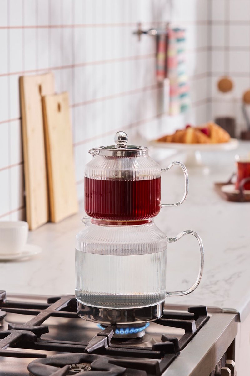 Schafer Harmonie - Glazen Theepot Set - 600 ml & 1,5 L - Vaatwasmachinebestendig - Roestvrijstalen Voet - Geschikt voor Alle Soorten Kachels