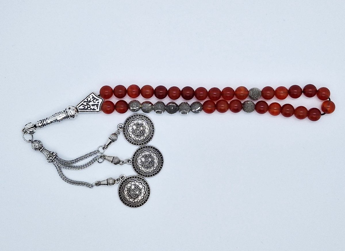 Handgemaakte naam tasbih 33 Kralen Natuursteen “Rood Agaat” - met metaal tassel “Masha' allah"- Met je naam of de naam van uw geliefde- 8 mm diameter van de korrel