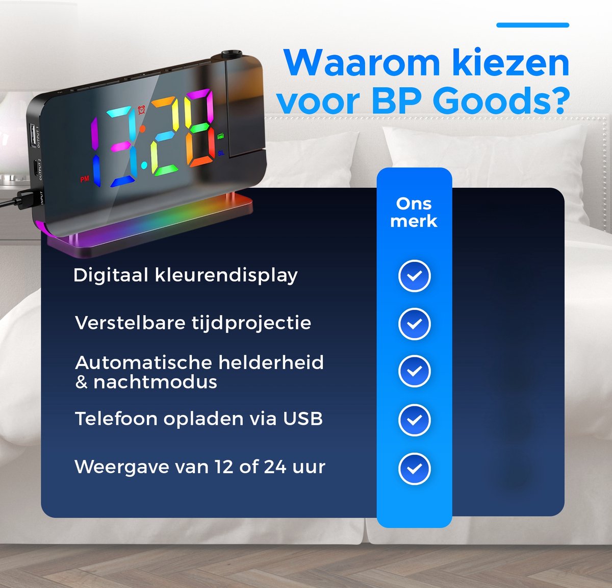 BP® Digitale Wekker Met Projectie - Wekkerradio - Projectiewekker - Digitale Wekker - Kinderwekker - Projectieklok - Snooze Functie - USB oplaadpoort - Automatische Helderheidscontrole - Zwart — cadeau in Elektronica - foto 6