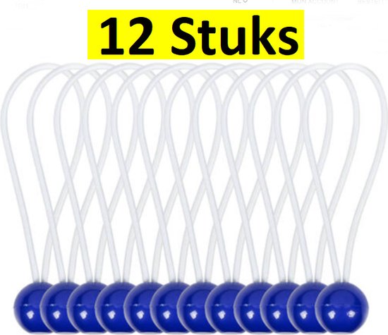 Twaalf elastieken met witte koorden en blauwe ballen, op een rij.