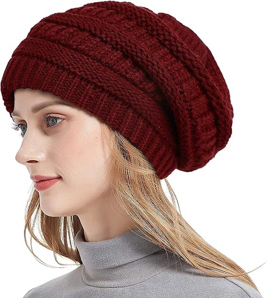 Bonnet d'hiver tricoté pour femme - Bonnet d'hiver chaud et coupe-vent - Bonnet ample tricoté chaud - Bonnet de ski tricoté - Bonnet tricoté avec doublure en satin légèrement élastique - Convient pour un tour de tête de 52 à 60 cm (Bordeaux)