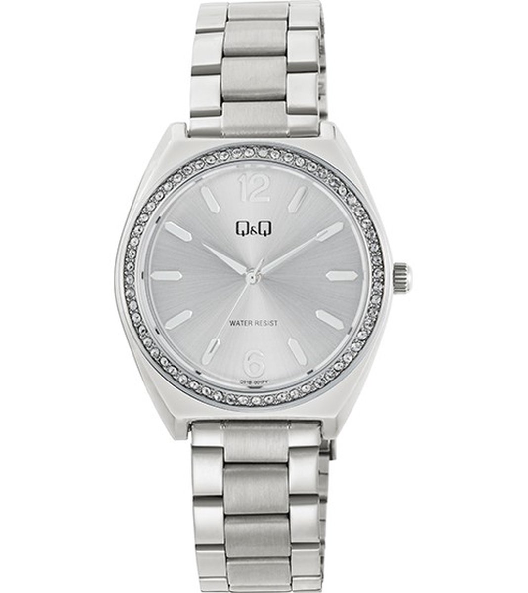 QQ Q91B-001PY - Horloge - Polshorloge - Analoog - Dames - Vrouwen - stalen band - Overig - Metaal - Cijfers - Strepen - Briljanten - Zilverkleurig