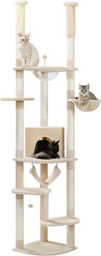 PawHut Kattenboom Plafondhoogte 230-260cm | 5 Niveaus Met Sisaal & Pluche – Stabiel Krabmeubel Voor Katten