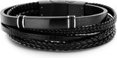 Zwarte herenarmband van gevlochten leer met een stalen plaat en magneetsluiting.