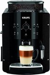 Zwarte Krups volautomaat espressomachine met glas latte macchiato.