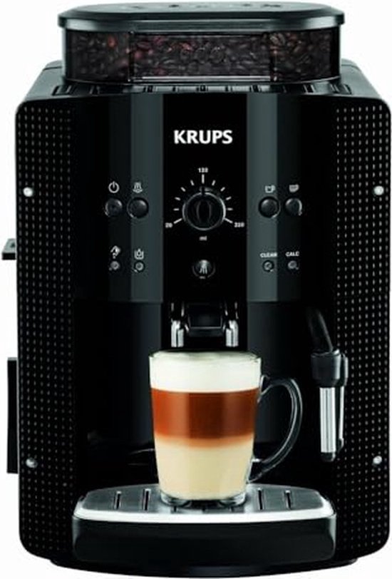 Zwarte Krups volautomaat espressomachine met glas latte macchiato.