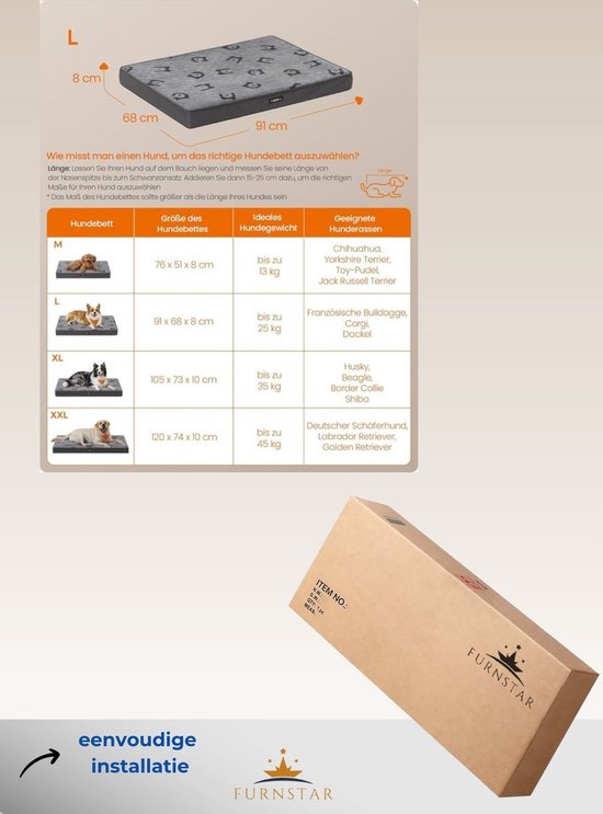 FurnStar - Hondenbed - Hondenkussen - Wasbaar - Hondenmat - Afneembaar - Waterdicht - Voor middelgrote honden - 91 x 68 x 8 cm - maat L - Grijs
