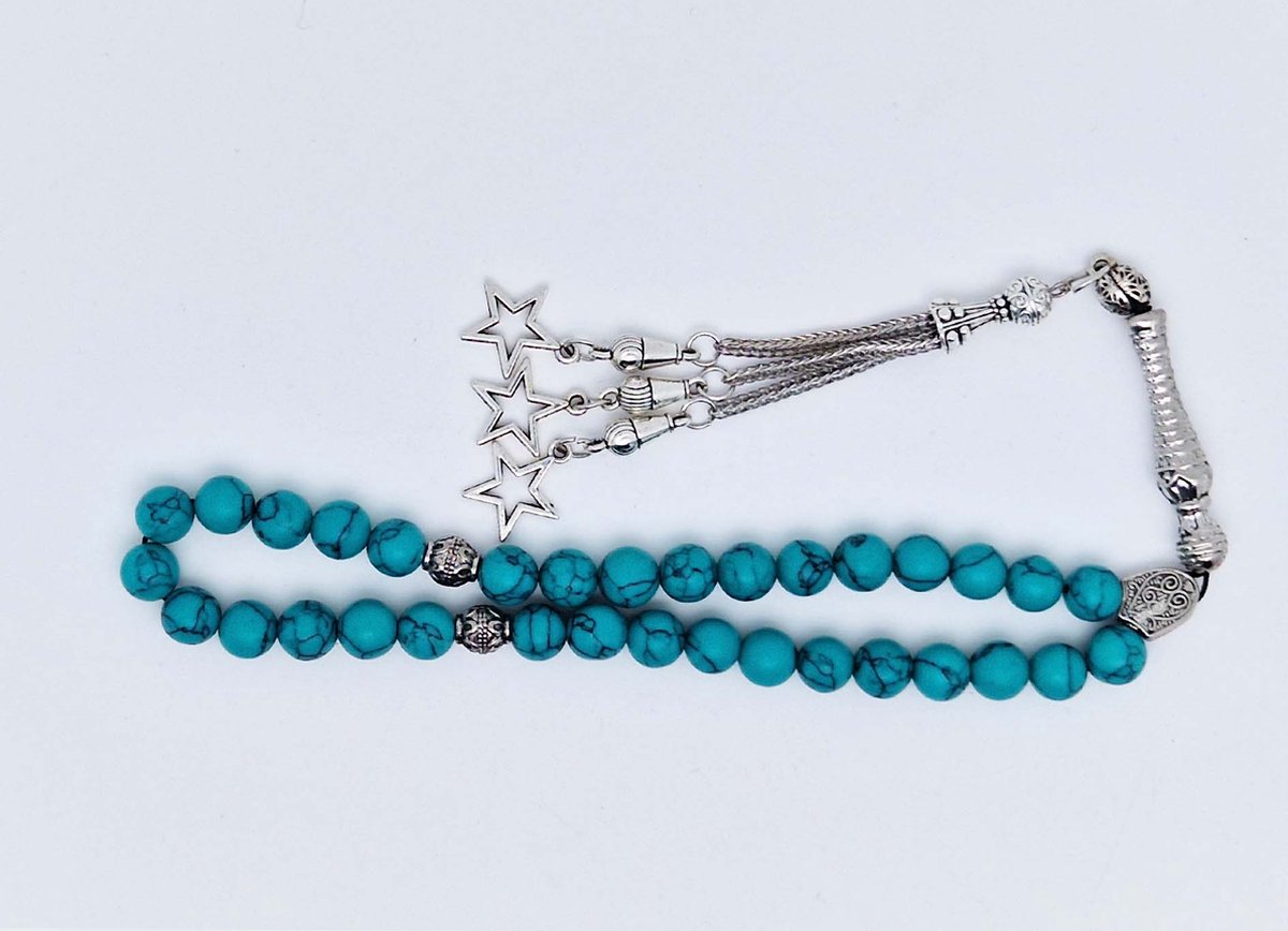 Handgemaakte tesbih klassiek - "Tasbih" natuursteen "Howliet groen" - Aantal kralen 33 - Diameter kralen 8 MM - met metaal tassel "Sterren" - Een mooi cadeau-idee