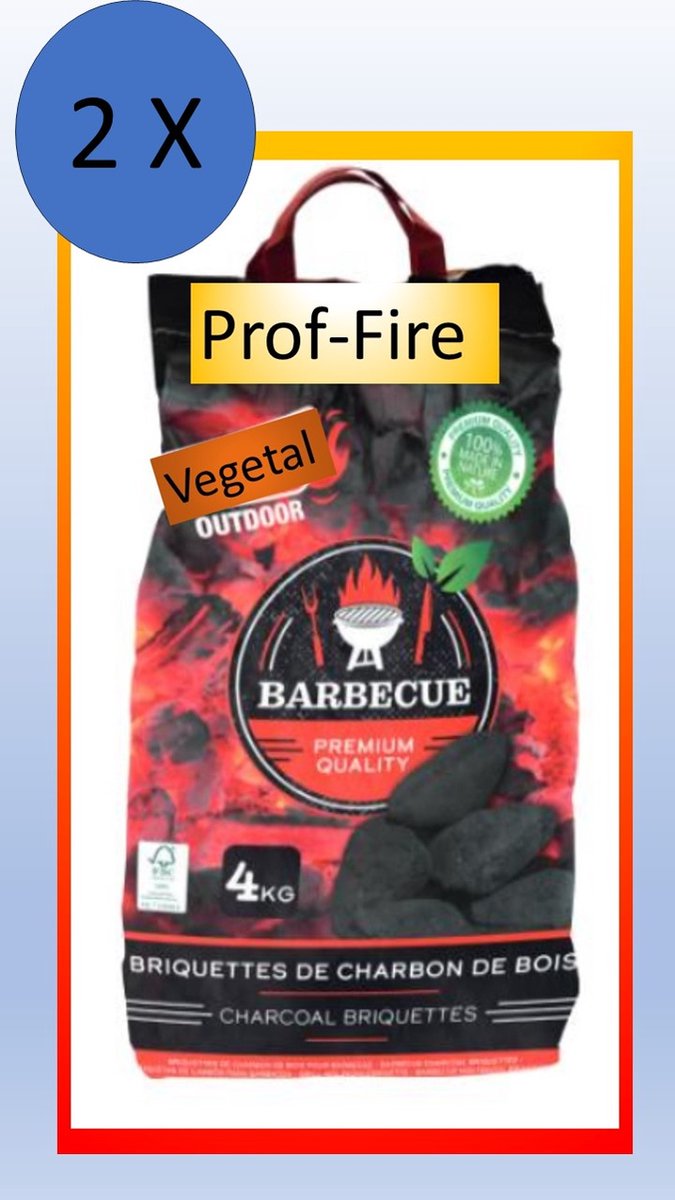 Prof-Fire - BBQ Briketten (8 kg) - Natuurlijk Gezuiverde Briketten - Geurloos - Lange brandduur - Professionele Restaurant Kwaliteit - Natuurproduct - 2 zakken van 4 kg
