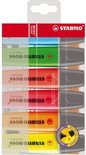 STABILO BOSS ORIGINAL verpakking met 6 markeerstiften: groen, rood, roze, oranje, geel, lichtblauw.