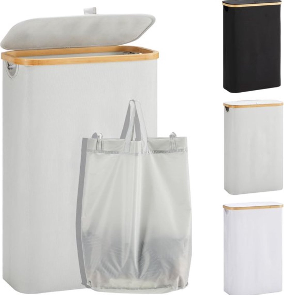 Goedkoopste Wasmand met deksel - 48 liter - wasverzamelaar - smal - waszak - opvouwbare wasmand - hout - bamboe - hoge wasmand - grijs Wasmand 2.0