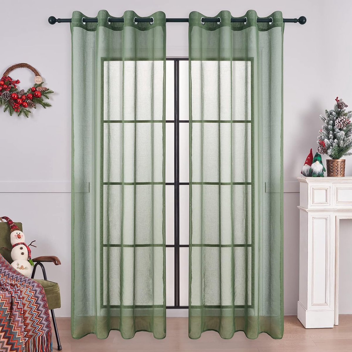 PolkaHome Transparant voilegordijn, 225 cm lang, 2 panelen, linnenlook, met zeilringen, voor slaapkamer, woonkamer, terrasdeur, 140 x 225 cm, smaragdgroen