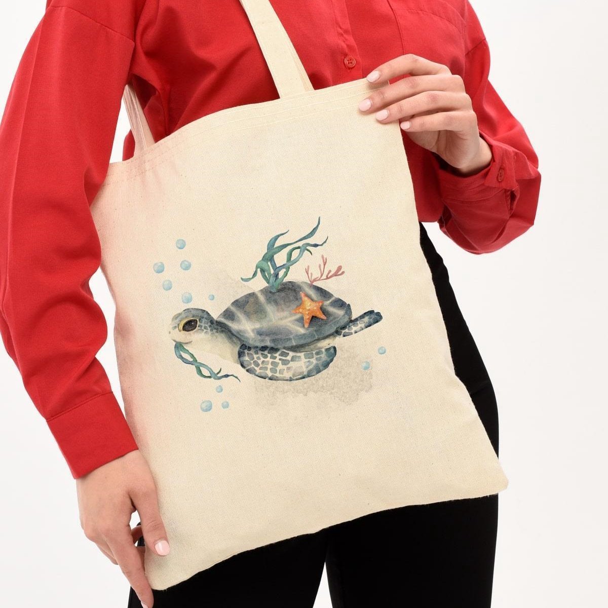 Kwube Dames Tassen - Shopper - Naturel Katoen - Linnen Tas - Schildpad Design - 35x40 cm - Katoenen Schoudertas - Boodschappentas - Turtle Natural Cotton Tote Bag