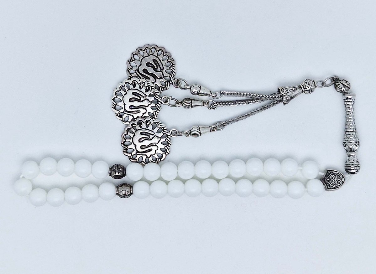 Handgemaakte tesbih klassiek - "Tasbih" natuursteen " Witte agaat" - Aantal kralen 33 - Diameter kralen 8 MM - met metaal tassel "Allah" - Een mooi cadeau-idee