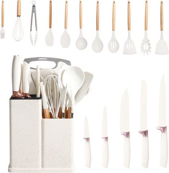 Noctis Compleet Keukengerei + Messenset - Off-White 19-Delige Set Met Houder - Houten Accenten - BPA-Vrij- Keukengerei - Hittebestendig - Siliconen Kookgerei