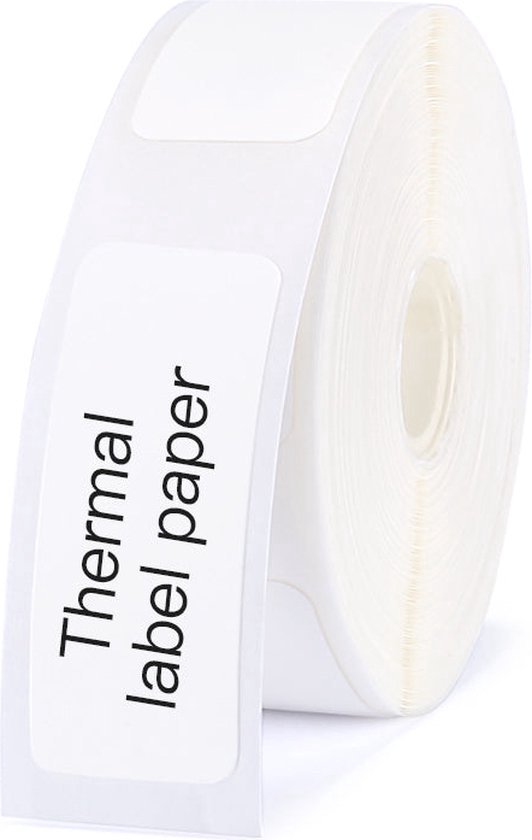 Rol met witte thermische labelpapier, met tekst 'Thermal label paper' op één label.