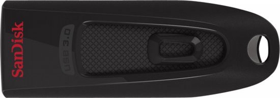 Zwarte SanDisk Ultra USB 3.0 stick, gezien vanaf de achterkant. Met gestructureerd gripvlak en een lus.