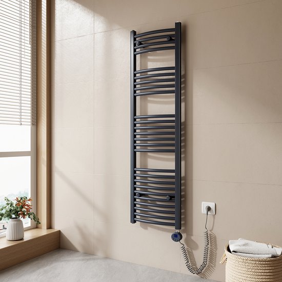 EMKE Elektrische Handdoekradiator - Met LCD Thermostaat - Mat Antraciet - 140x40 cm - 500W - Badkamer Radiator - Gebogen Buis