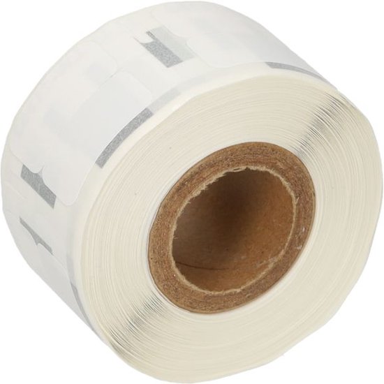 Etiketrol Dymo 11353, zwart op wit, 13mm x 25mm. Van de zijkant gefotografeerd.