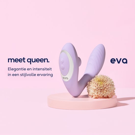 Paarse 'Queen' vibrator op een roze podium met een bloem.