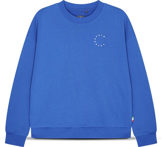 Blauwe sweater, ronde hals, lange mouwen, witte tekst in cirkel op borst, Italiaanse vlag op mouw.