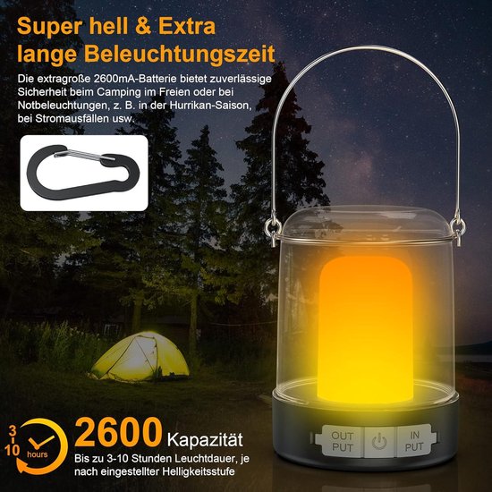 Madame Lampe de camping Jones LED 2600 mAh rechargeable - 3 niveaux de luminosité dimmable IP44 étanche - avec crochet et câble de chargement USB C pour le camping, la randonnée, les coupures de courant - les urgences, etc.