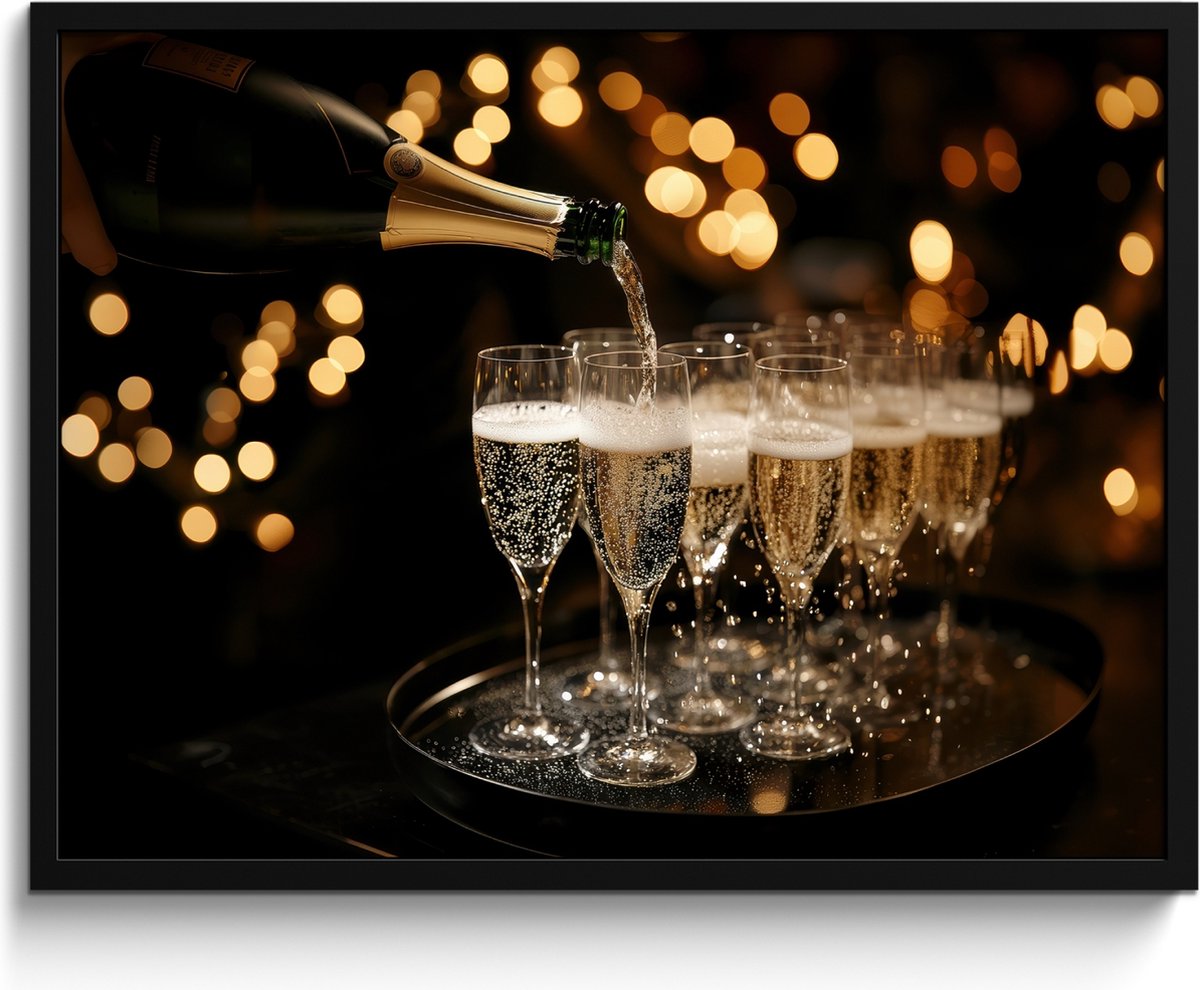 FrameYourWall Fotolijst inclusief poster - Posterlijst 80x60 cm - Posters - Lichtjes - Champagne - Dienblad - Glazen - Foto in lijst - Keuken decoratie muur - Wanddecoratie accessoires - Muurdecoratie - Schilderijen Champagne - Glazen