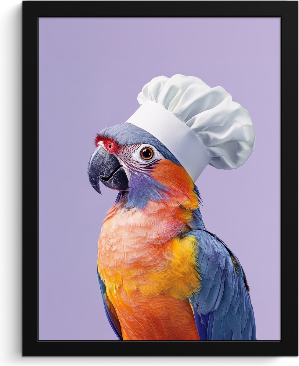 FrameYourWall Fotolijst inclusief poster - Posterlijst 30x40 cm - Posters - Papegaai - Koksmuts - Paars - Cute - Foto in lijst - Keuken decoratie muur - Wanddecoratie accessoires - Muurdecoratie - Schilderijen Koksmuts - Parkiet