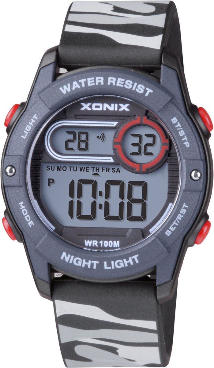 Xonix BAZ-A07 - Horloge - Polshorloge - Digitaal - Kinderen - Unisex - Rond - Siliconen band - ABS-Kunst - Achtergrondverlichting - Alarm - Start-Stop - Tweede tijdzone - Datumaanduiding - Waterdicht - Zwart-Grijs camouflage