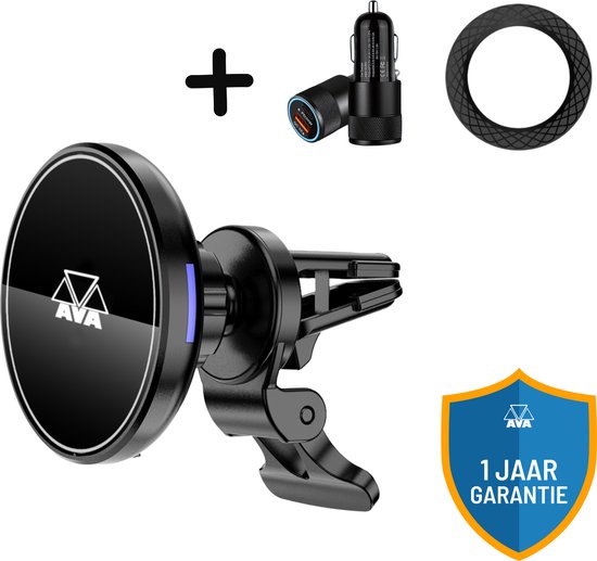 AVA MagSafe Phone Holder Car avec chargeur sans fil Qi 15w - Chargeur rapide iPhone - magnétique - Support de téléphone portable - Supports pour voiture - Pour iPhone, Samsung et Android