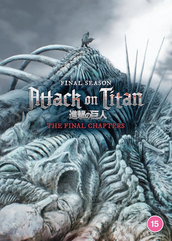 Attack on Titan: The Final Chapters, Final Season dvd-hoes met een kleine figuur op een gigantische titanenkop.
